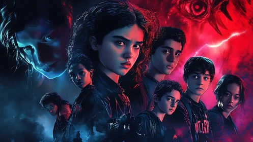 Teen heroes confront neon storm under looming monster gaze.