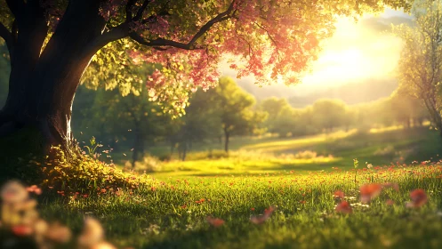 Sunlit blossom tree over flowering meadow in spring light.