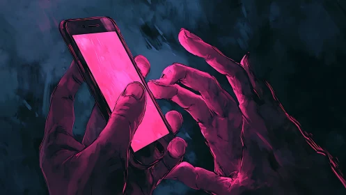 Hands bathed in pink light cradle a glowing smartphone screen.