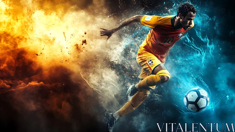 Soccer forward drives ball through fire and water energy