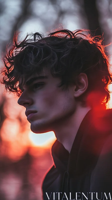 Moody male profile catches dramatic sunset rim light