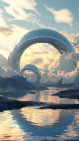 Futuristic chrome arches rise above reflective alien lake.