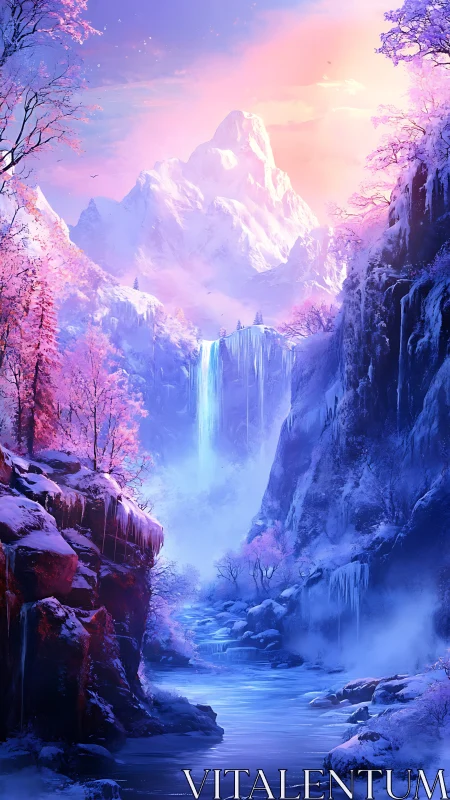 Snowy pink mountain valley with waterfall at sunrise.