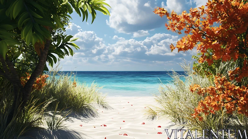Tropical beach framed by flowering trees