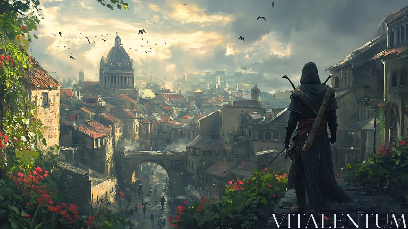 Hooded wanderer watching a stormlit fantasy city below.