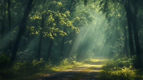 Sunlight Streams Through Lush Forest Path in Serene Morning Light.