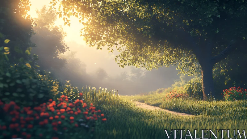 Volumetric sunrise illuminates detailed forest path and foliage