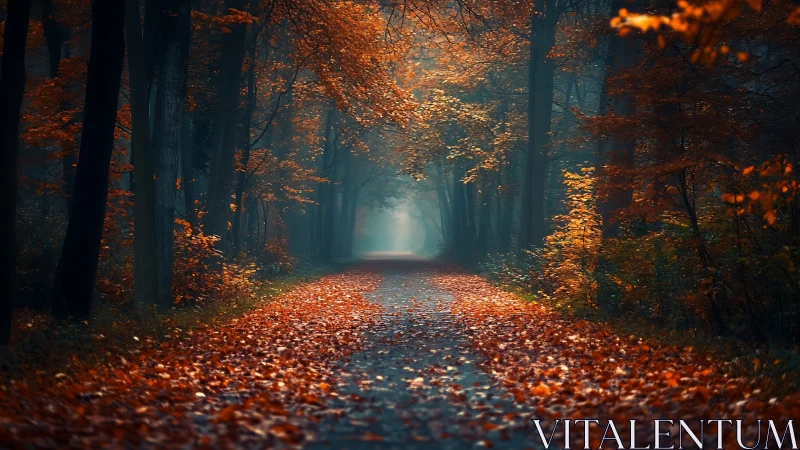 Autumn Forest Path Vanishing Into Mist.