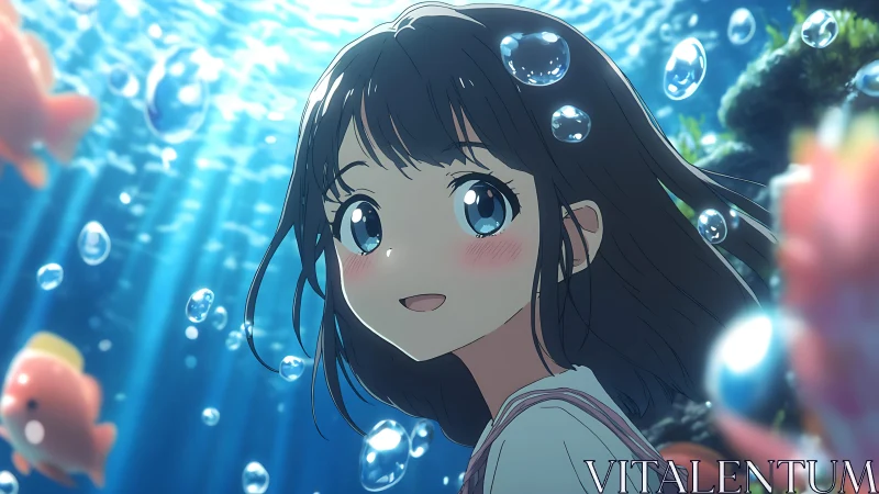 Smiling anime girl swims underwater among bubbles and fish