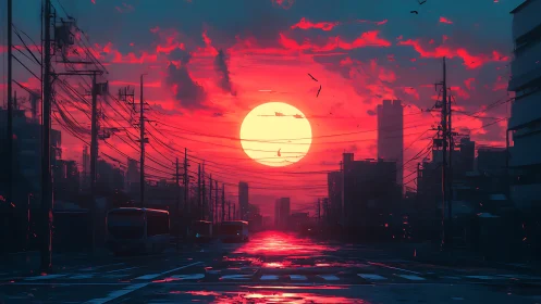 Neon sunset engulfs silent city street and power lines.