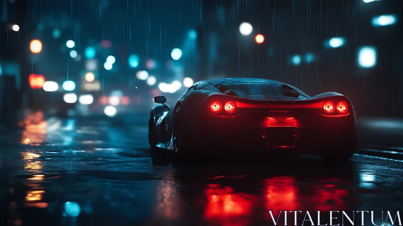 Supercar taillights glow through neon rain on wet city street