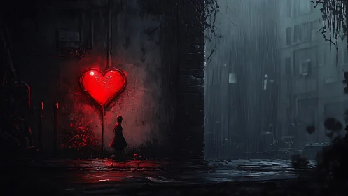 Red neon heart glows over lone figure in rainy alleyway.