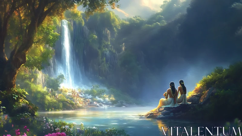 Serene twin figures overlook luminous waterfall sanctuary.