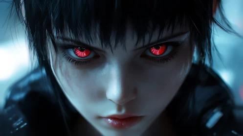 Cybernetic gaze with crimson irises in cold blue light.