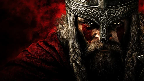 Battle-hardened Viking warrior stares through blood and steel.
