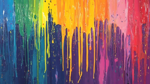 Vibrant abstract rainbow drip painting with bold colors and texture.