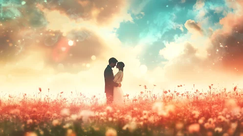 Silhouetted Couple Embracing in Efflorescent Wildflower Field.