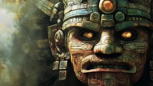 Ancient stone deity mask glows with molten golden eyes.