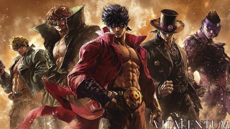 Storm-blooded anime warriors stride from a burning dusk.