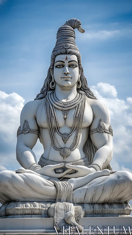 Majestic serene deity statue meditates under open sky