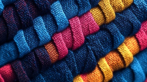 Macro study reveals interwoven knitted bands in vivid color