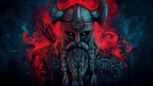 Viking warlord ignites crimson shadows in icy blue fury.
