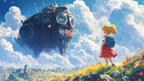 Skybound schoolgirl greeting a wandering steampunk airship.