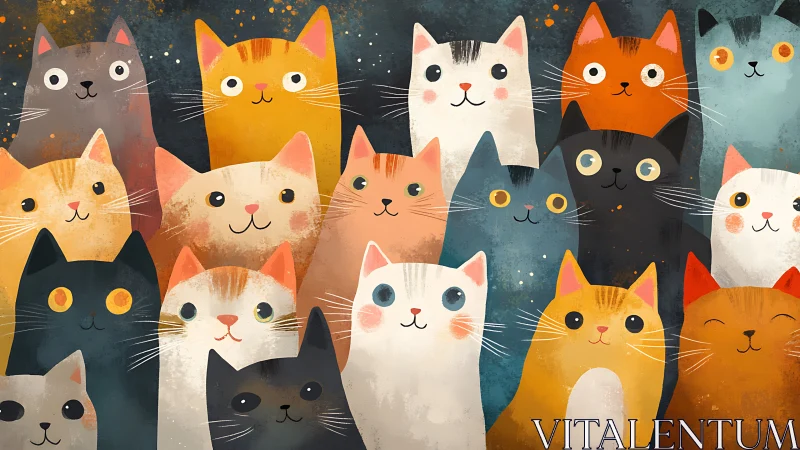 Whimsical Feline Congregation: Stylized Cats with Luminous Eyes and Expressive Characteristics.