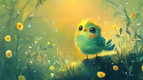 Cute fluffy blue bird in magical forest, digital illustration.