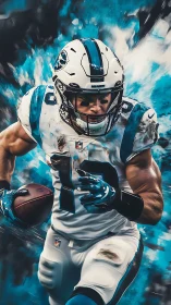 Football player running with ball in teal dynamic backdrop.