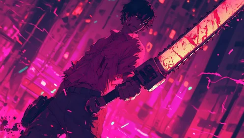 Neon urban warrior with bloodied chainsaw, anime composition.