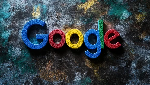 Multicolored Google logotype in textured 3D relief on painted backdrop