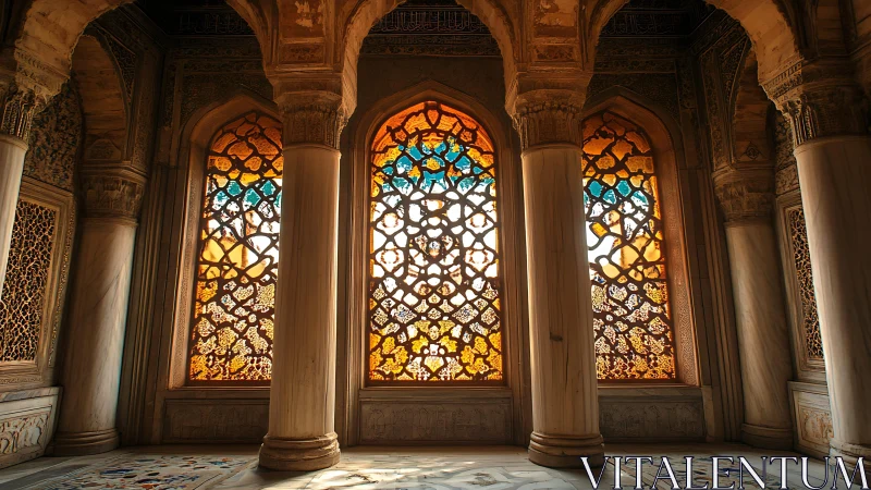 Interior stone arches frame patterned stained glass windows clearly