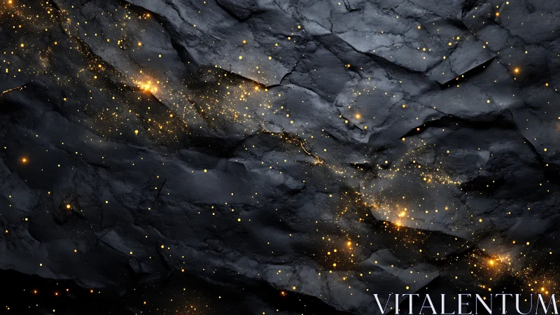 Dark stone surface glows with scattered golden sparks