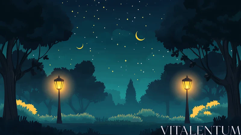 Gentle park path glows softly under a dreamy starlit sky