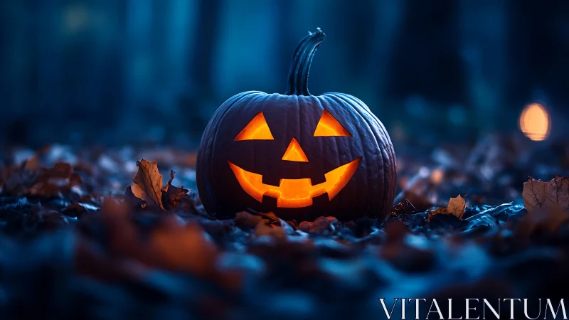 Glowing jack-o-lantern on forest floor in moody blue light.