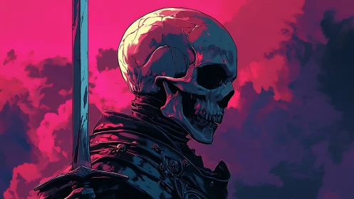 Skull-headed figure with sword stands before magenta clouds