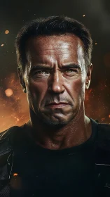 Battle-hardened warrior glares forward amid rising embers