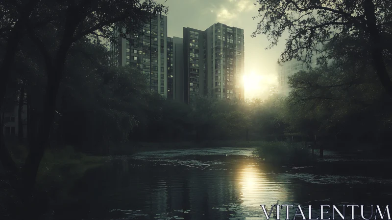 Sunlit high-rises overlook misty lakeside park at dusk.
