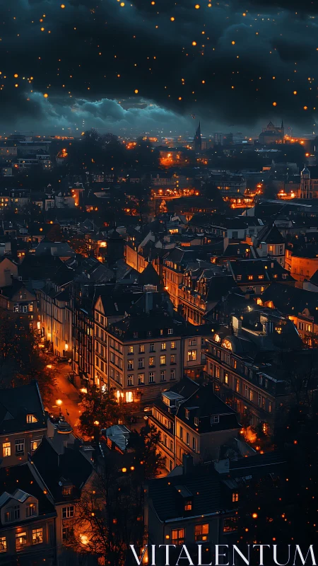 Ember-lit European cityscape under brooding storm clouds.