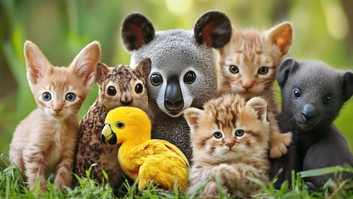 Mixed Animal Group Portrait with Diverse Species.