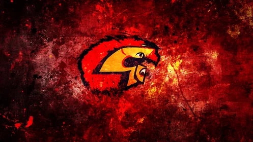 Abstract red background with stylized angular eye emblem.