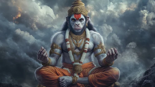Divine simian figure in meditation with stormy sky backdrop.