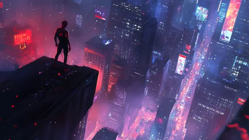 Cyberpunk vigilante on neon megacity rooftop, wide perspective.