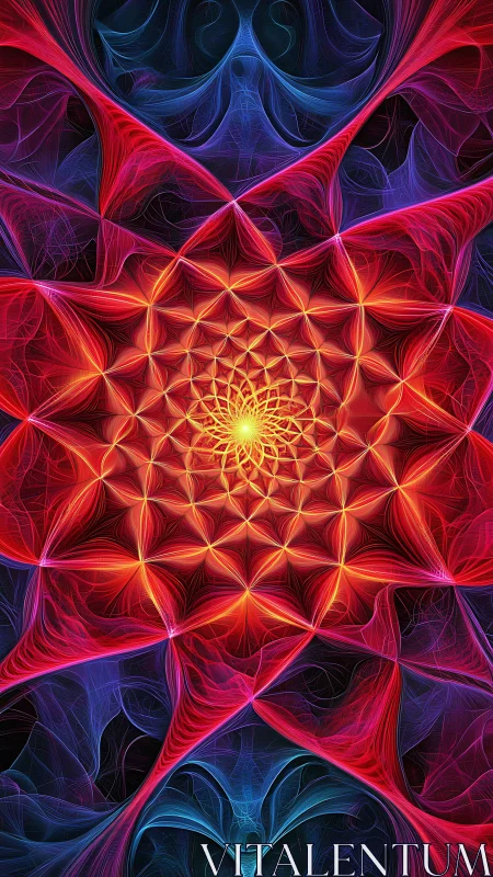 Radial geometric fractal pattern in red, blue and yellow.