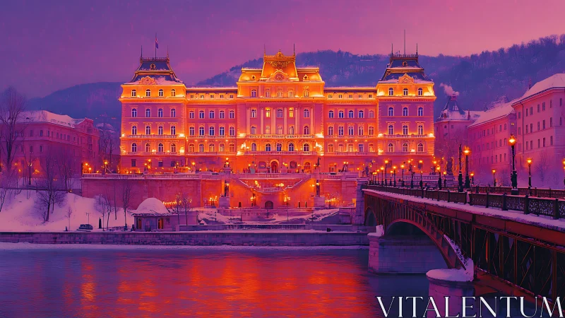 Grand riverside palace glows at dusk in a snowy winter city