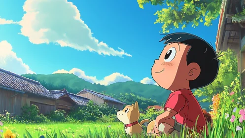 Boy and dog under vivid rural summer sky in anime style.