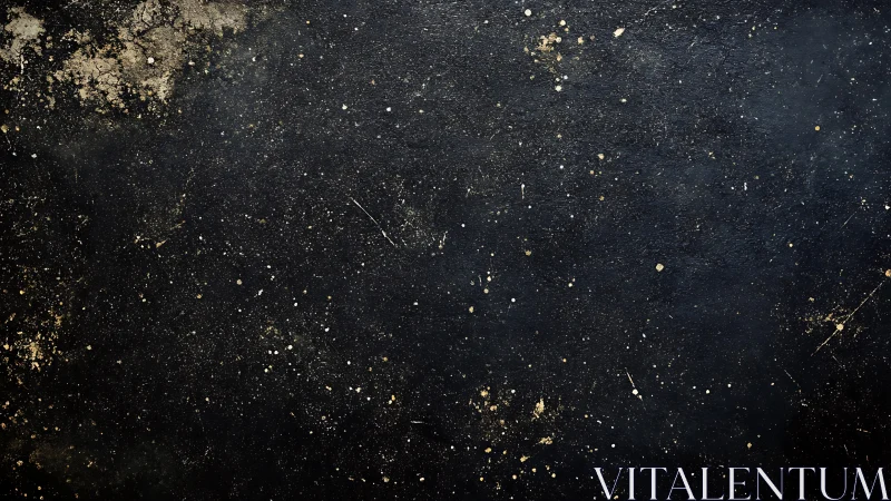 Dark textured background with scattered gold paint flecks.