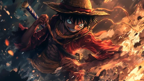 Straw-hatted figure advances through fire with dynamic motion