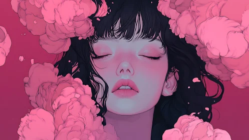 Dreamy girl surrounded by soft blooming pink clouds.